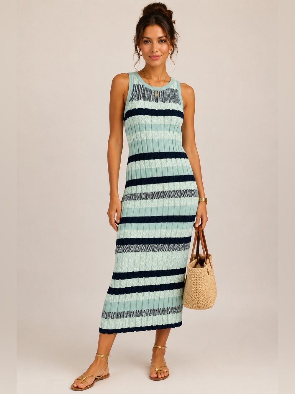 WHBM Sleeveless Sweater Midi Dress M Aquifer Jacquard Stripe Knit NWT